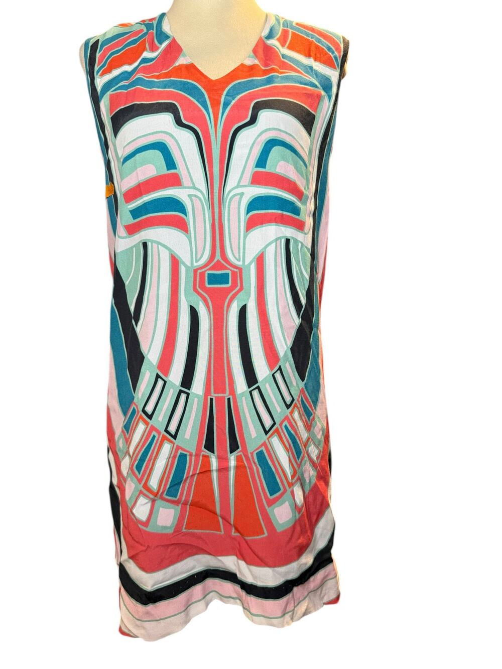 Nicole Miller Artelier Geometric Silk Shift Dress, V-Neck Retro Print, Small